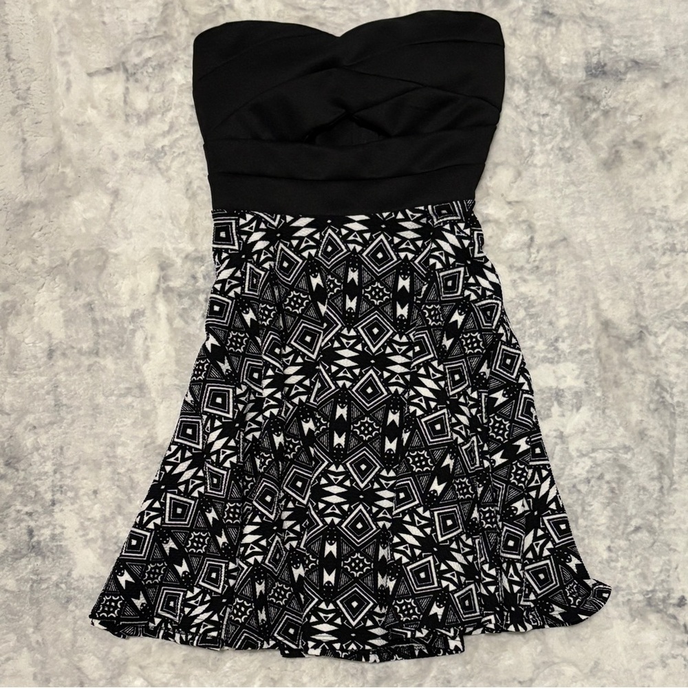 Papaya Black Strapless Dress with Monochrome Geometric Skirt